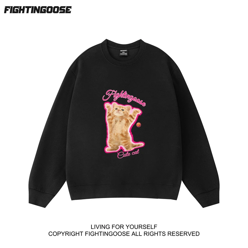 闪电大鹅可爱抱抱小猫340g宽松圆领秋冬套头卫衣男女同款新潮男装