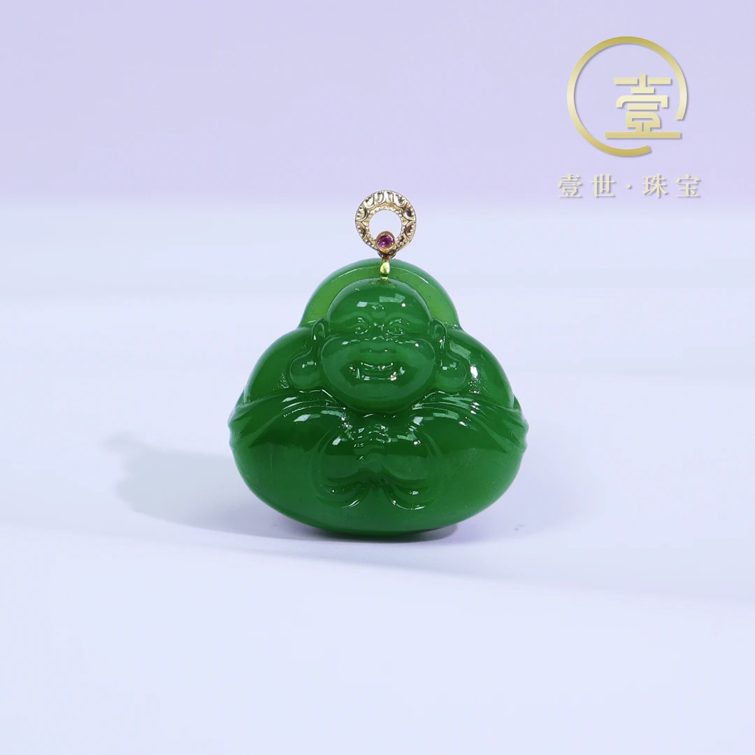 和田玉抱抱佛吊坠18k金镶嵌