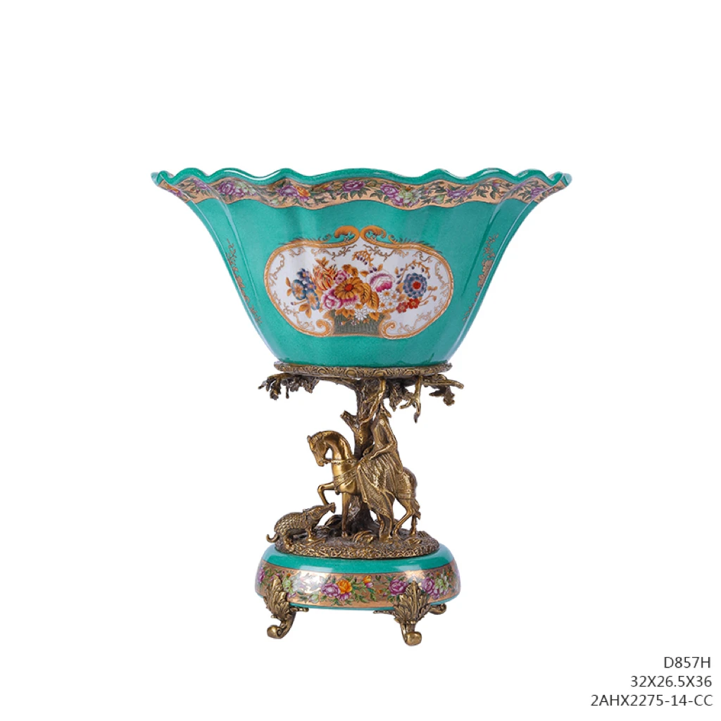 孤品铜配瓷 孤品摆件 果盘 客厅 玄关柜摆件花瓶陶瓷纯手工彩绘