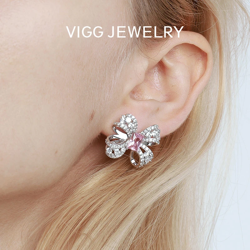 VIGG 铜合金合成锆石耳饰 雾粉蝴蝶结耳钉 轻奢简约时尚百搭饰品