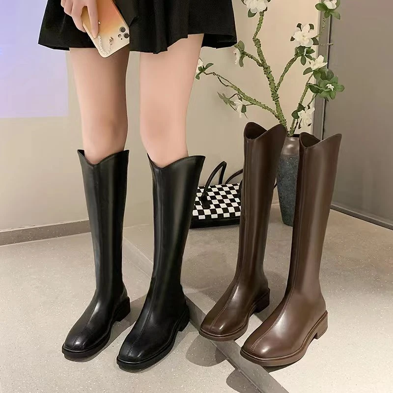 长靴女不过膝2023新款秋冬方头粗跟小个子V口高跟骑士长筒靴加绒
