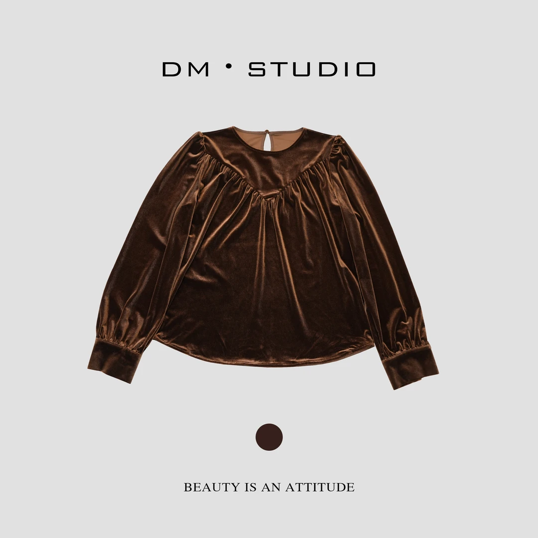 DM•STUDIO/洋气复古气质收褶显瘦丝绒衬衫（90669）