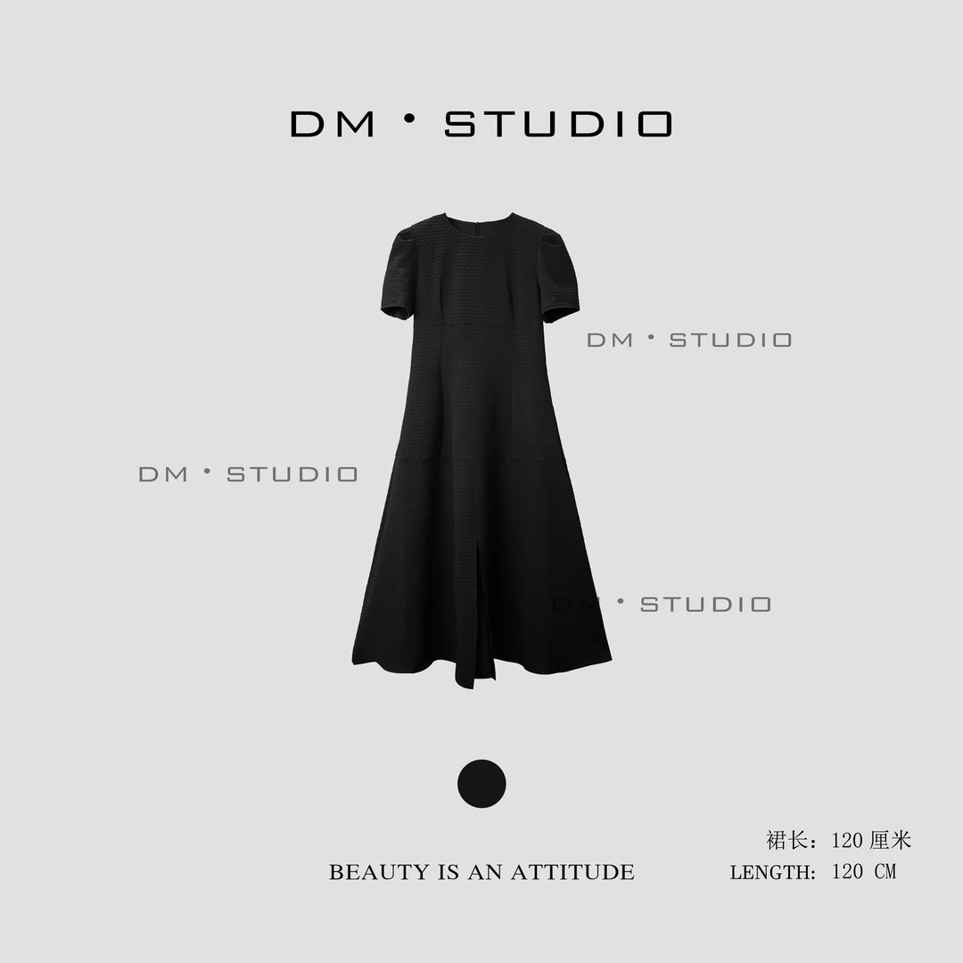 DM•STUDIO/纯色设计剪裁极简风下开叉格纹拉链连衣裙（88356）