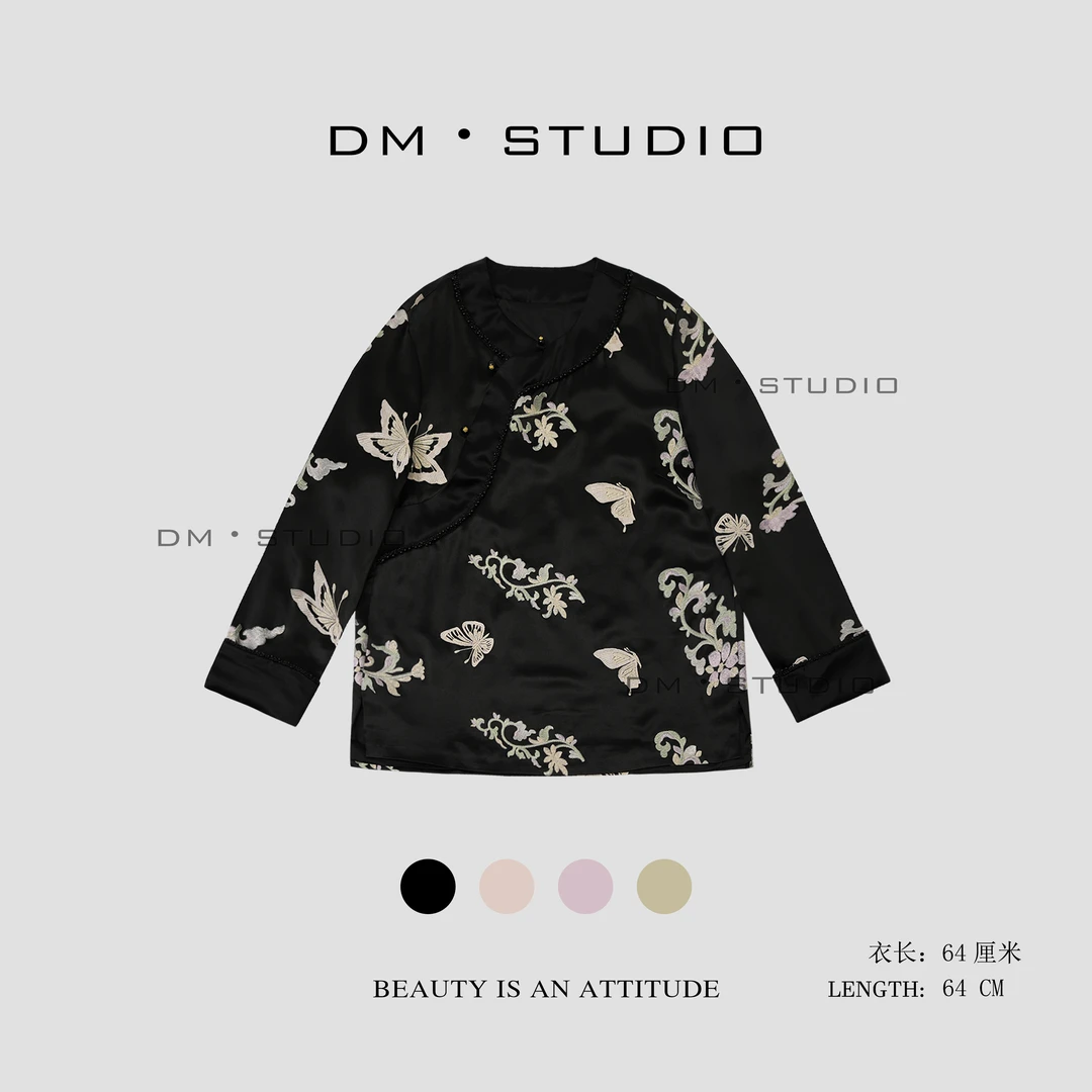 DM•STUDIO/新中式复古高级感碎花蝴蝶刺绣醋酸上衣（2388）