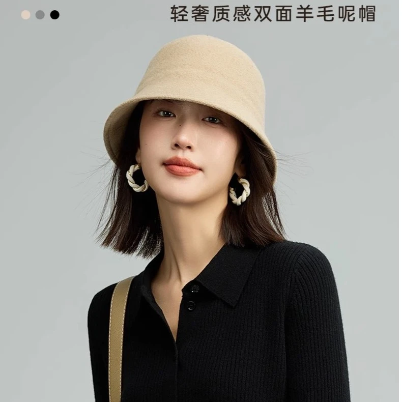 FANCET帽子女韩版潮秋冬纯色简约羊毛渔夫帽时尚百搭保暖水桶帽