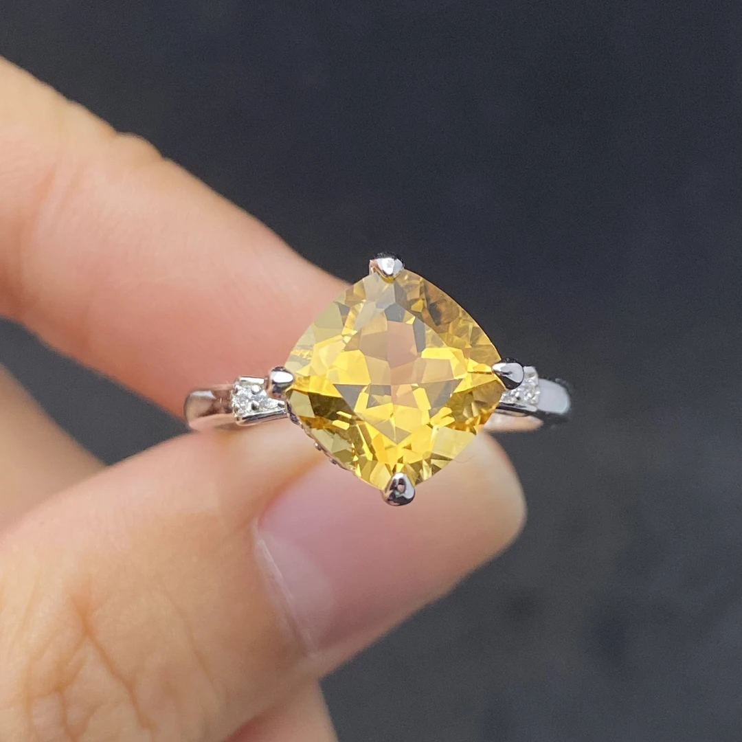 天然暴力黄黄水晶戒指s925银9*9mm经典简约大气时尚百搭