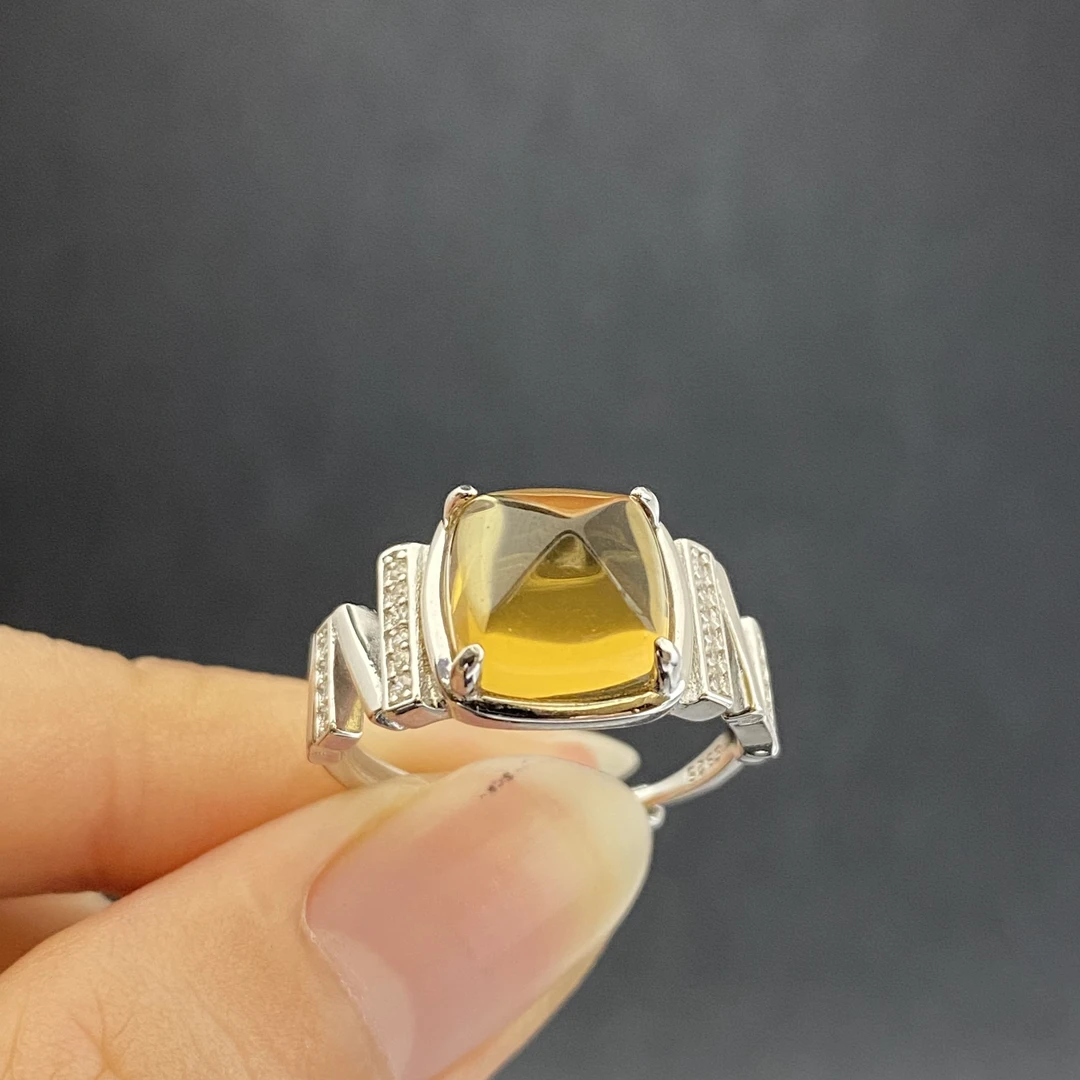 糖塔天然黄水晶戒指s925银9*9mm经典简约气质优雅时尚百搭开口戒