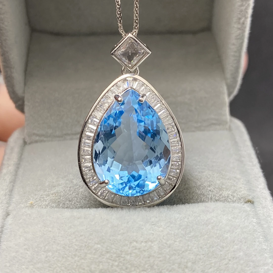 天然瑞士蓝托帕石蓝色吊坠s925银不含链13*18mm轻奢气质时尚百搭