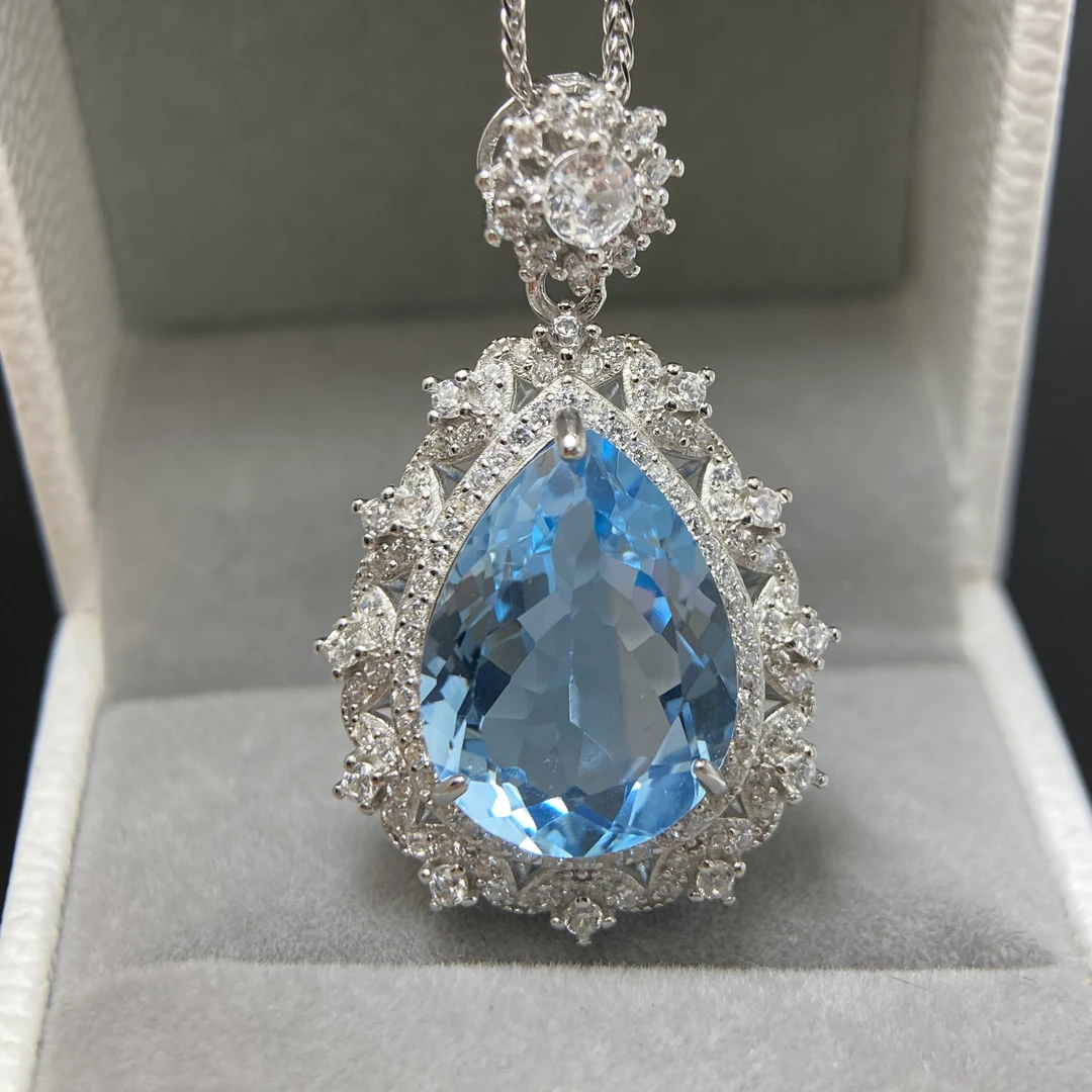 天然瑞士蓝托帕石吊坠s925银12*16mm水滴不含链轻奢精致时尚百搭