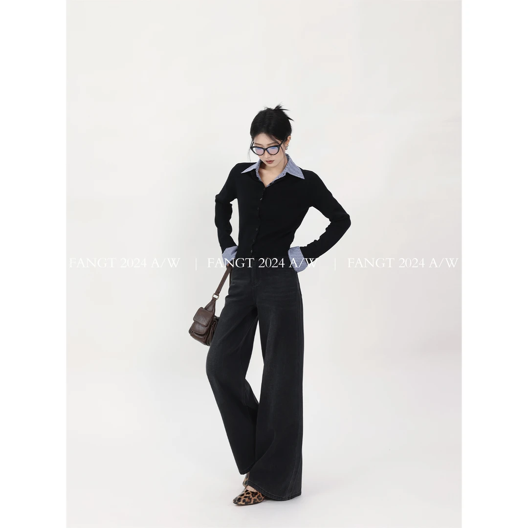 方汀FANGT/美式黑色高腰阔腿裤女秋季宽松直筒高街显瘦牛仔裤子