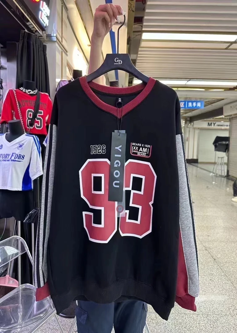 2024秋季新款美式复古撞色大版女卫衣数字印花宽松显瘦长袖上衣