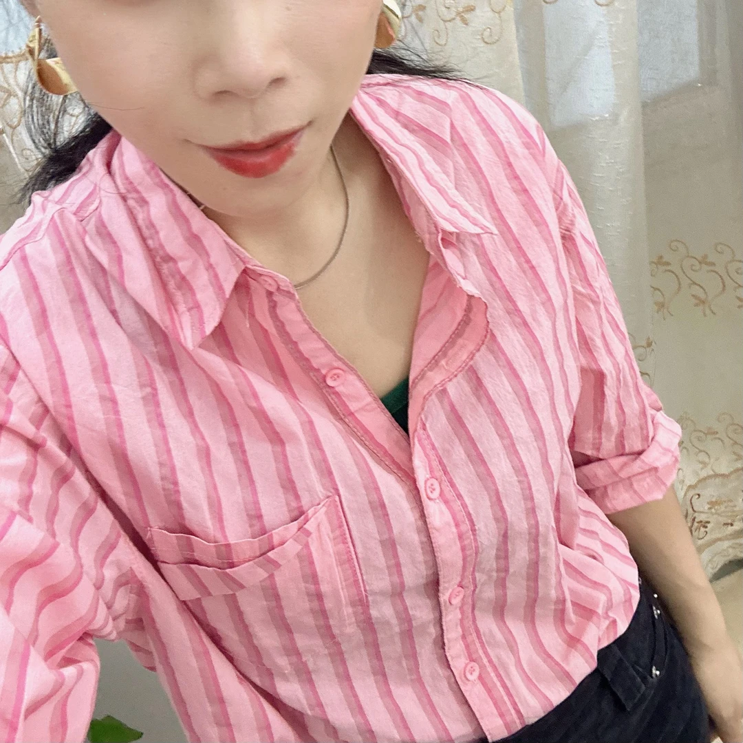 H99个性条纹棉衬衫女新款时尚减龄百搭气质上衣潮