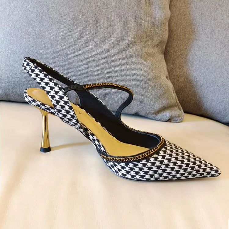 黑色胎牛皮/千鸟格金链尖头高跟女鞋2309-51
