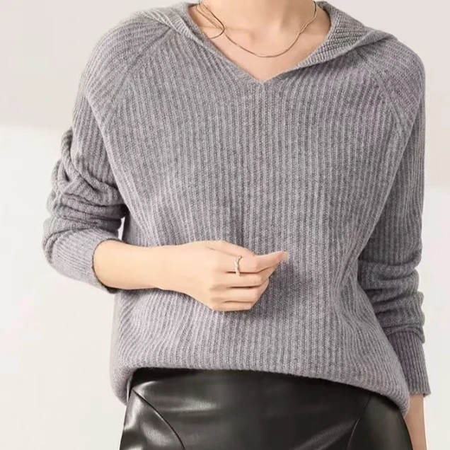 【浥尘女装】秋冬连帽休闲套头叠搭单品100%羊毛宽松显瘦慵懒风帽衫