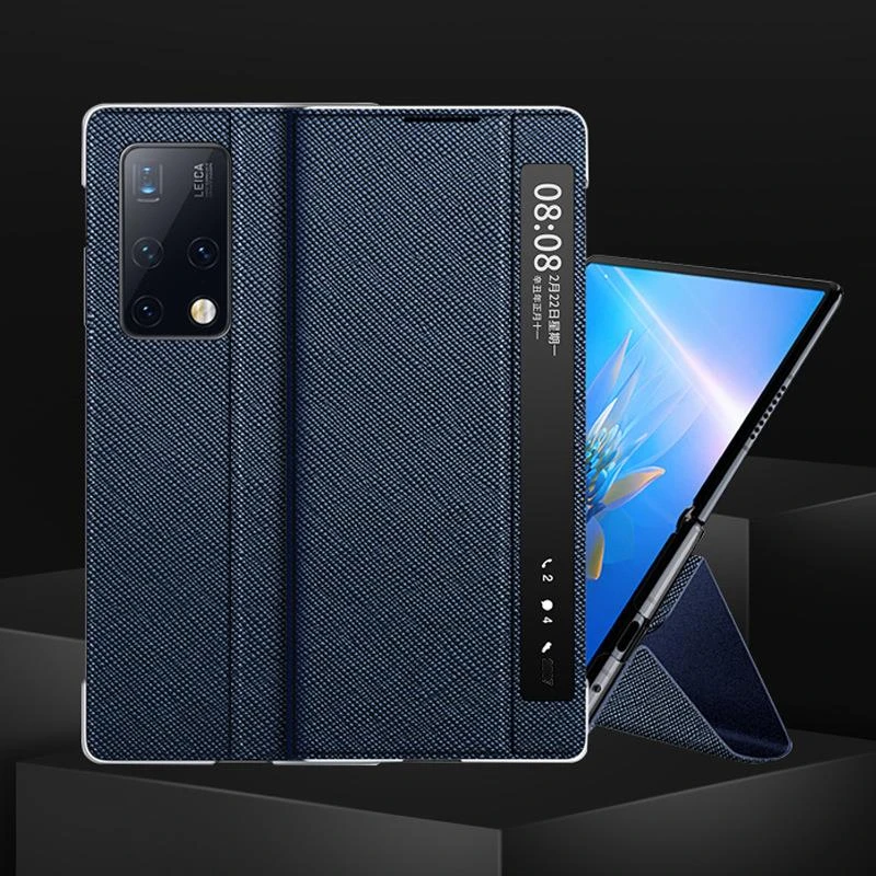 华为 Mate X2手机壳 HUAWEI 真皮十字智能视窗支架翻盖皮套
