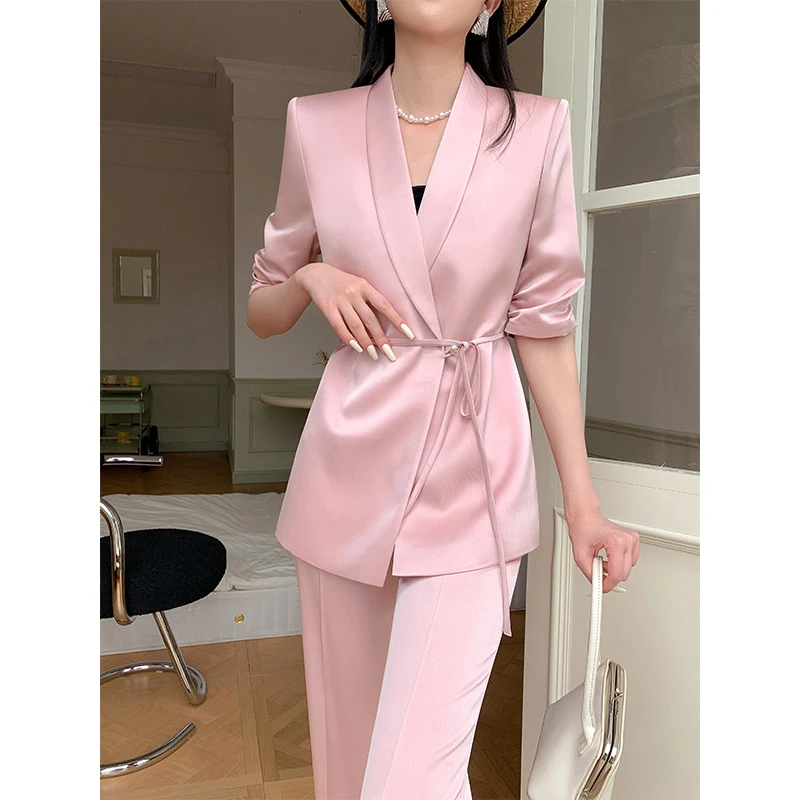 【高端气质】青果领西装套装女2025新款粉色职业装女神范西服夏季薄