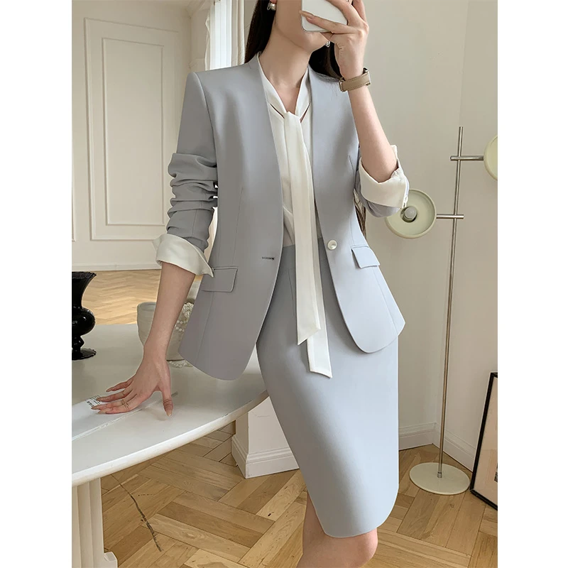 【高端气质】月灰蓝职业套装女2025春秋新款蓝色西装套裙气质工作服