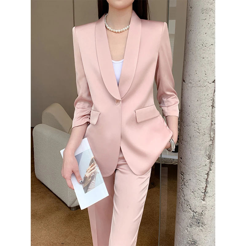 【轻奢高端】粉色缎面西服套装女时尚气质职业女装夏天薄款短袖西装