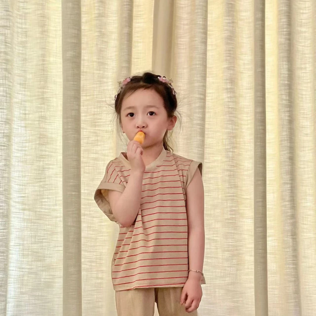 櫟丝御锦柞蚕丝儿童宝宝夏季圆领休闲小童条纹背心夏款 M230210