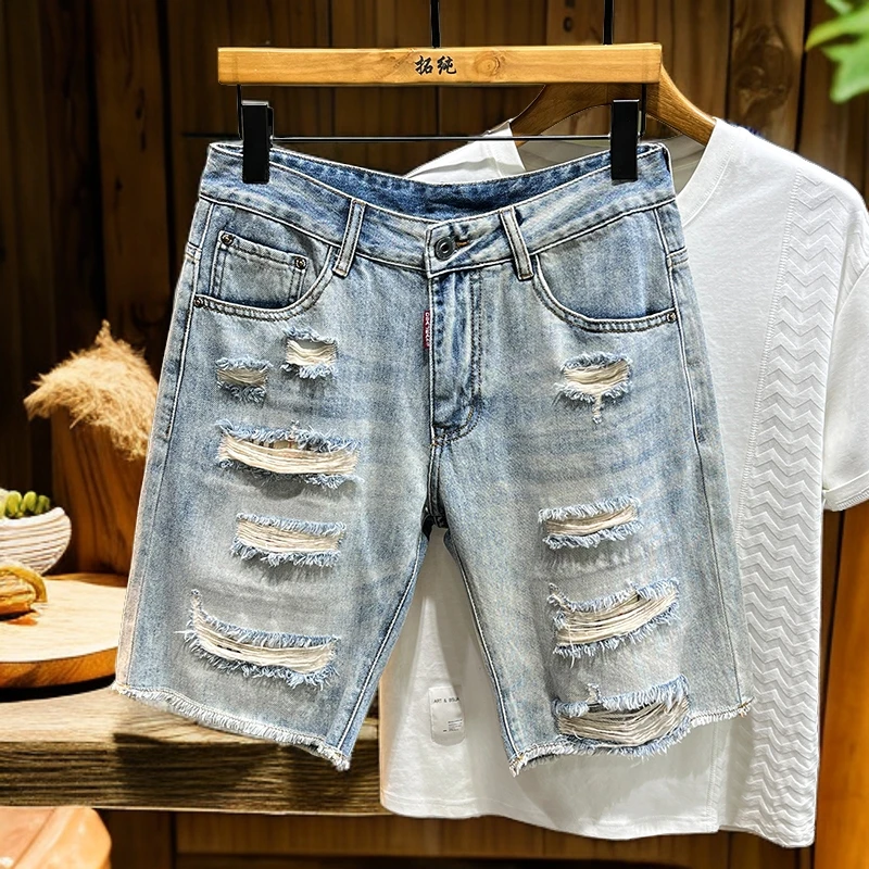 夏季薄款高端软牛仔男士浅色水洗蓝色破洞短裤中裤修身弹力潮牌