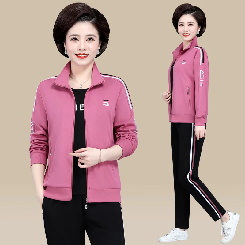 中年女式休闲运动套装春秋时尚洋气宽松中老年妈妈装三件套运动服