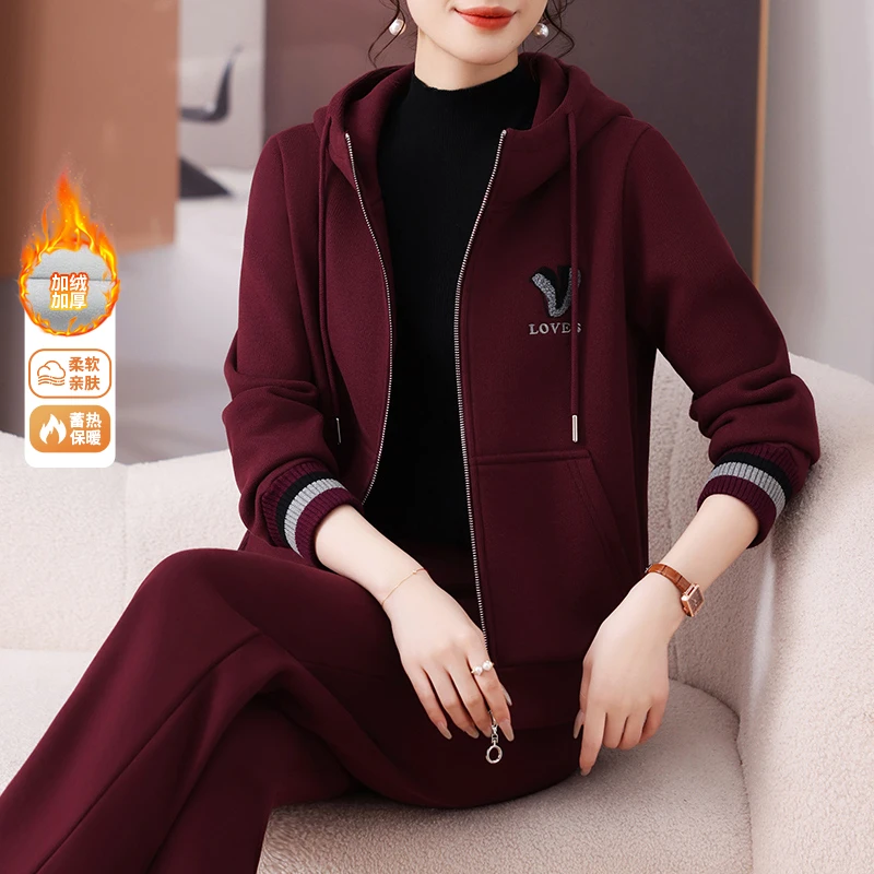 新款妈妈运动套装秋冬中老年人加绒加厚休闲外套女冬装晨练两件套