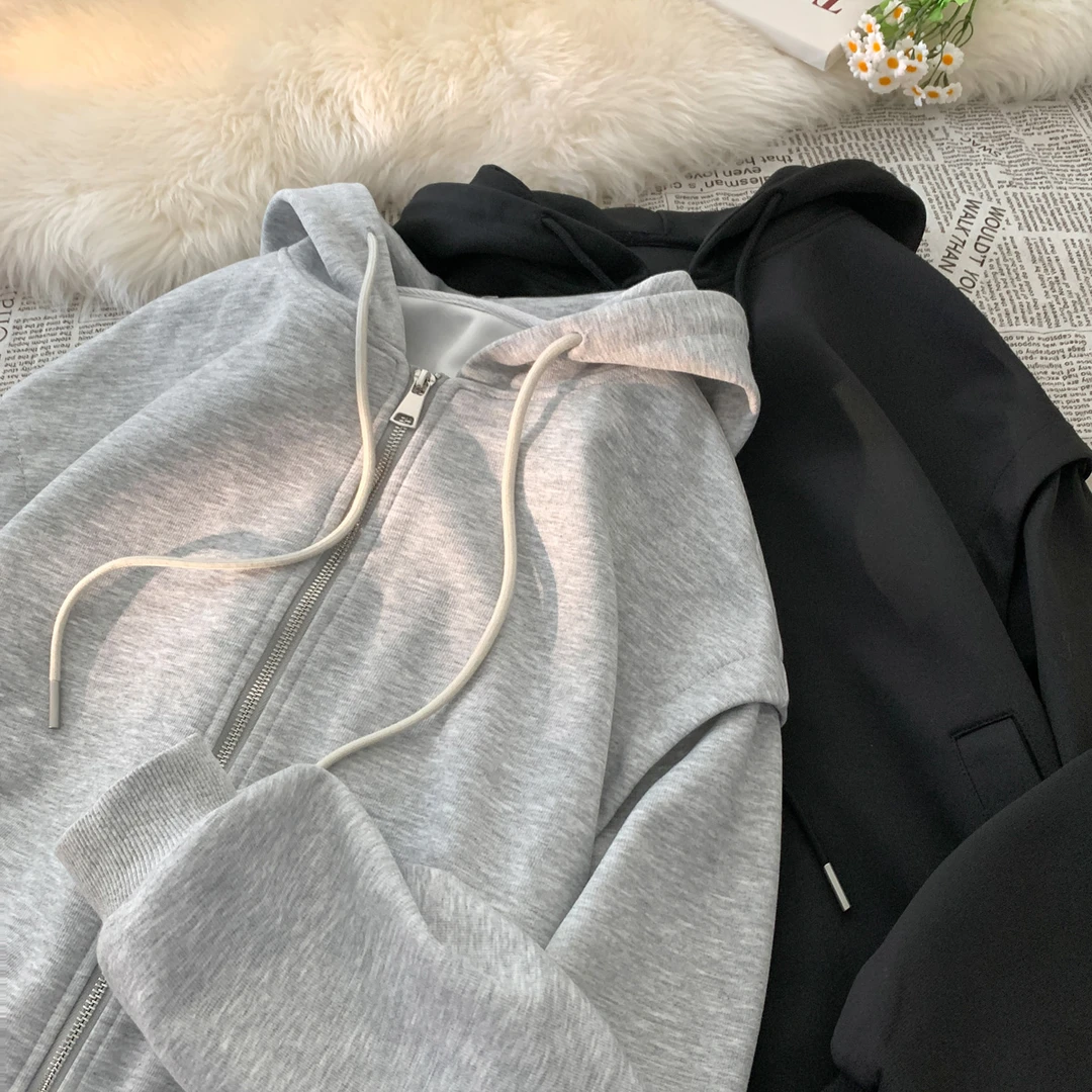 灰色开衫卫衣外套男秋季宽松复古休闲褂子潮牌港风大码运动连帽衫