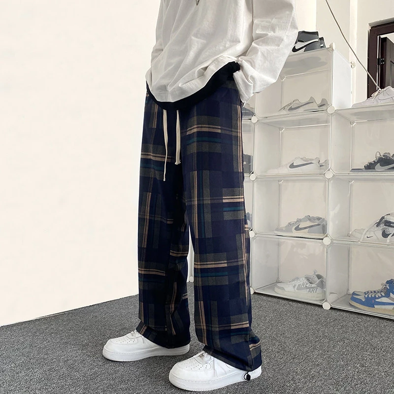 美式复古格子纹裤子男秋季设计感小众阔腿裤潮ins潮牌直筒长裤男