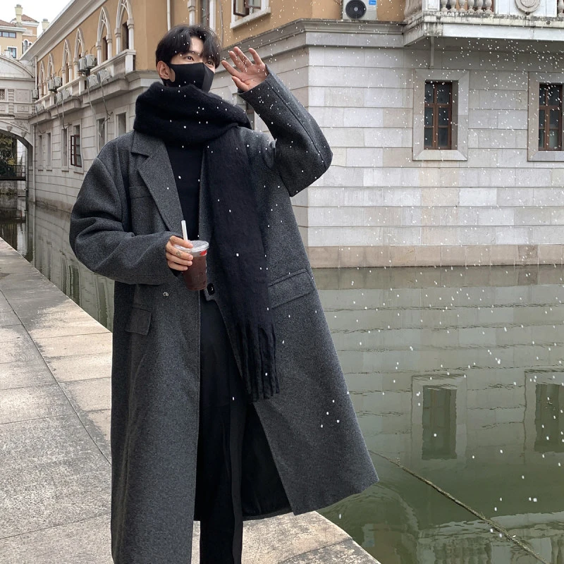 男生高级感风衣中长款2023秋冬季新款韩系穿搭毛呢大衣男士外套潮
