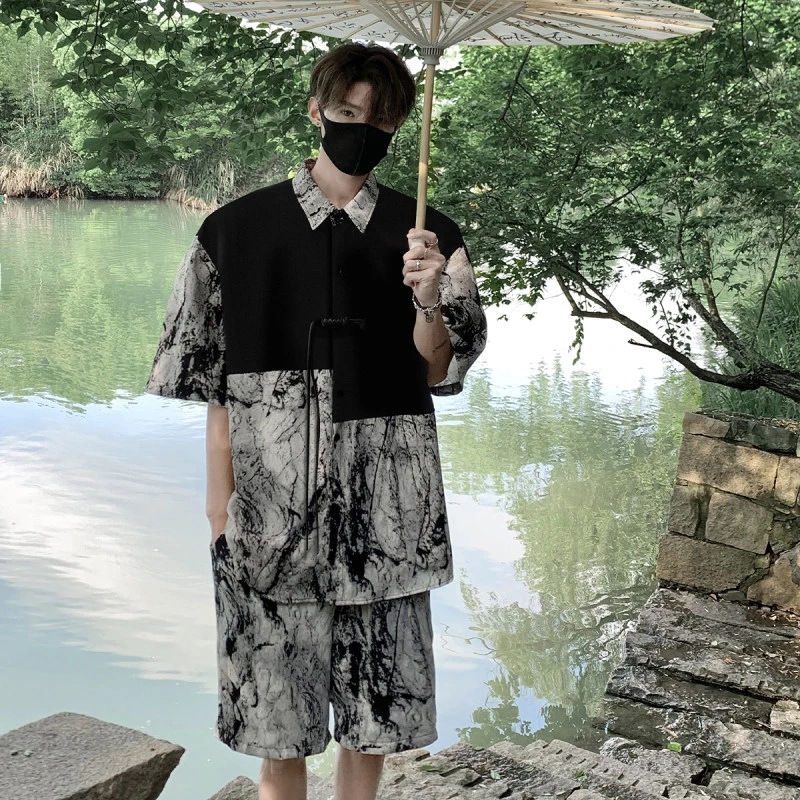 国风水墨衬衫男夏季薄款宽松大码痞帅百搭小众拼接设计感短袖衬衣