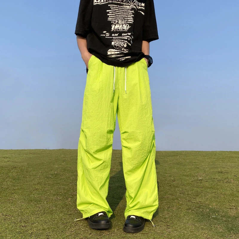 荧光绿速干冰丝阔腿伞兵裤男oversize潮牌多巴胺降落伞裤子夏薄款