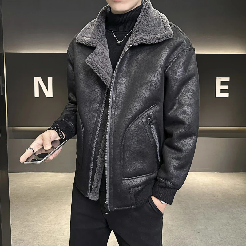 两面穿皮毛一体外套男冬季加绒加厚机车服美式皮衣夹克羊羔绒棉服