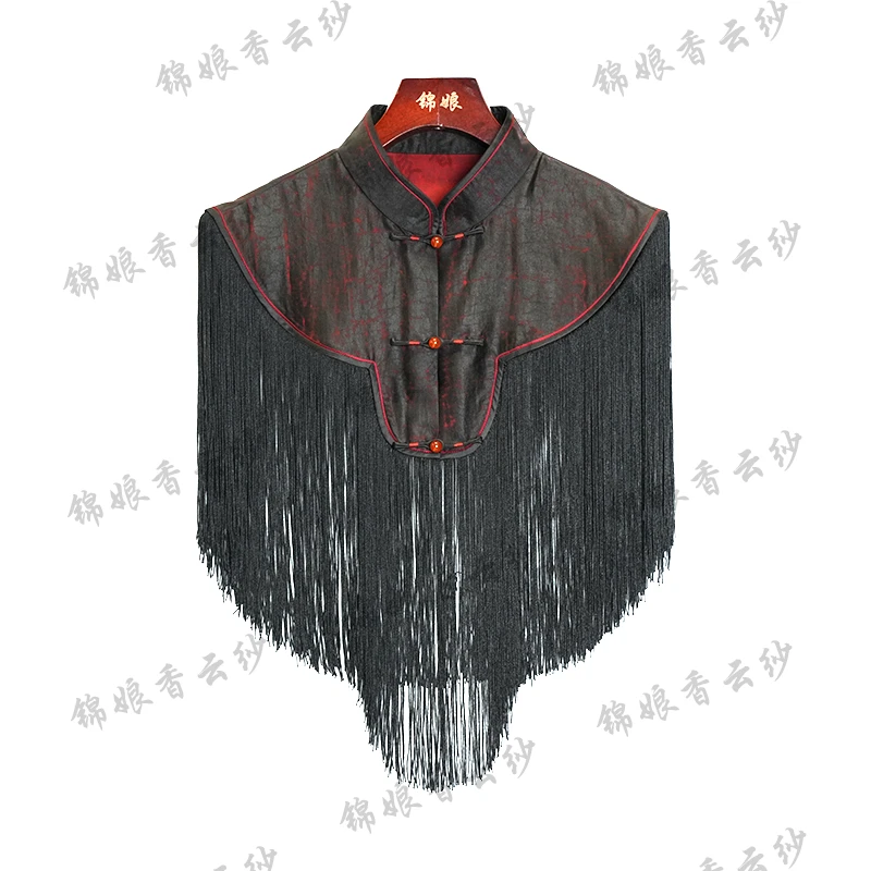 元始华风步摇黑底四色手工盘扣时尚百搭香云纱流苏披肩WB2403001