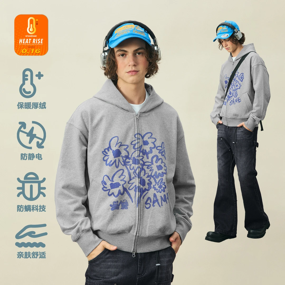 MYSAMESAME24AW涂鸦印花保暖纤维双向拉链卫衣logo连帽开衫H183