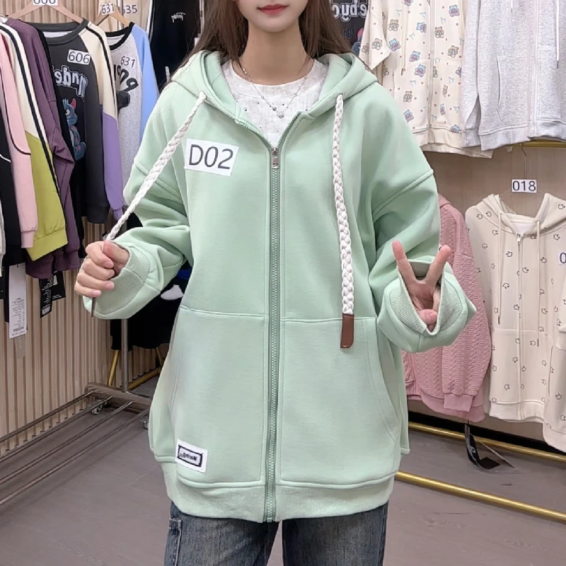【D02-D102】2024加绒加厚刺绣上衣外套oversize开衫连帽女慵懒风
