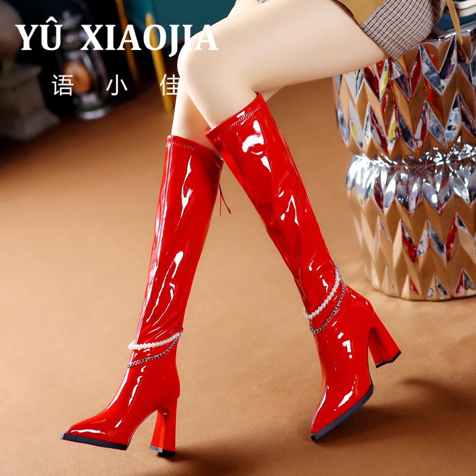 下架[已开价]高跟长靴子女秋冬季英伦风链条尖头粗跟及膝靴A815-2