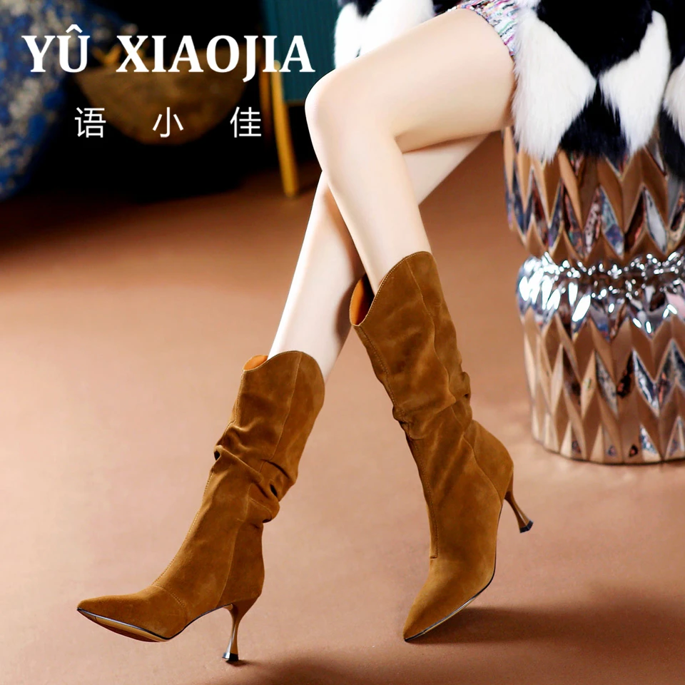 6CM[已开价]法式高跟堆堆靴2025秋冬季复古尖头细跟中筒靴XDM536