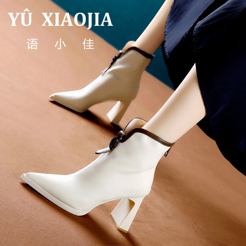 7CM[已开价]高跟短靴子2025秋冬季英伦风尖头粗跟马丁靴Y31067