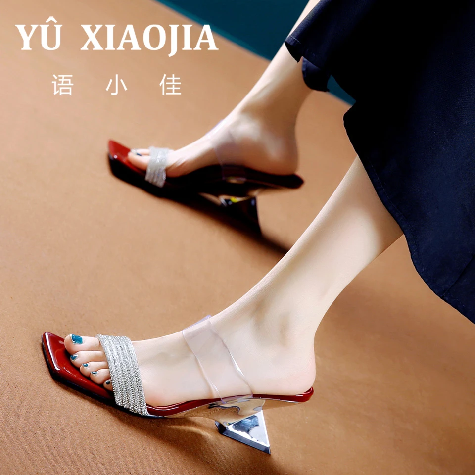 5CM[已开价]水钻外穿一字凉拖鞋女夏季异型跟透明中高跟鞋XD8866
