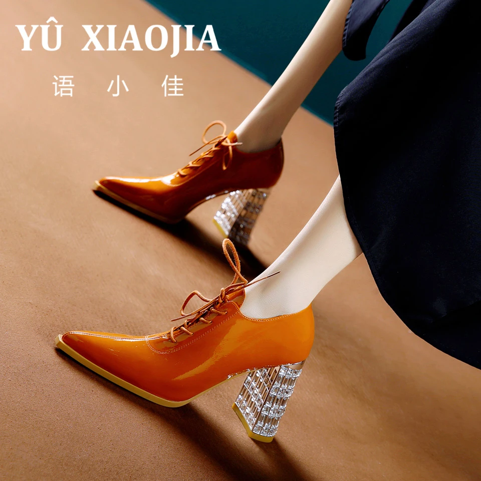 7CM[已开价]水钻粗跟及踝靴女春季时尚系带尖头高跟鞋XG8115-16