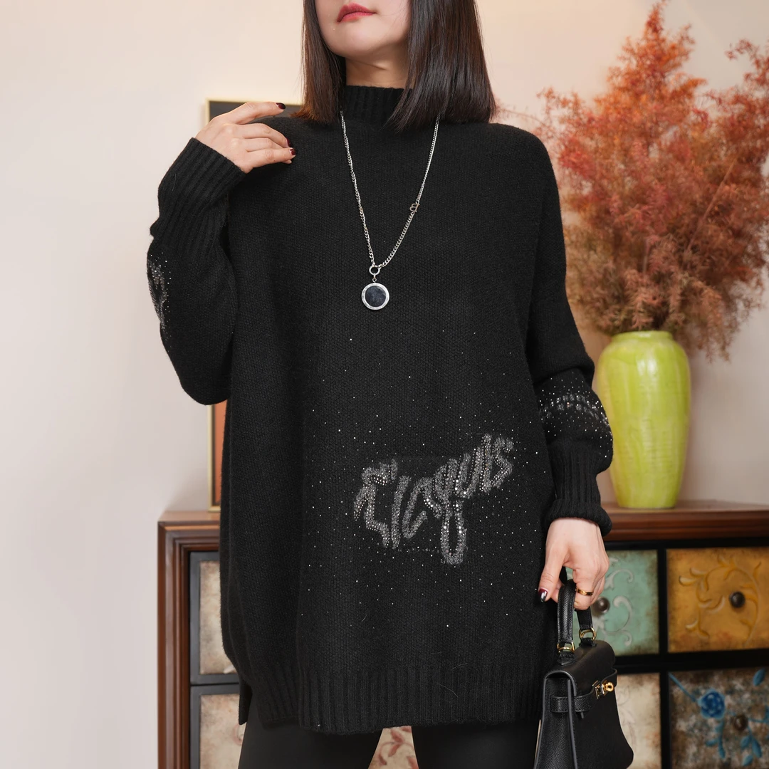 半高领时尚高级感烫钻洋气上衣2023冬季新款宽松显瘦百搭保暖毛衣