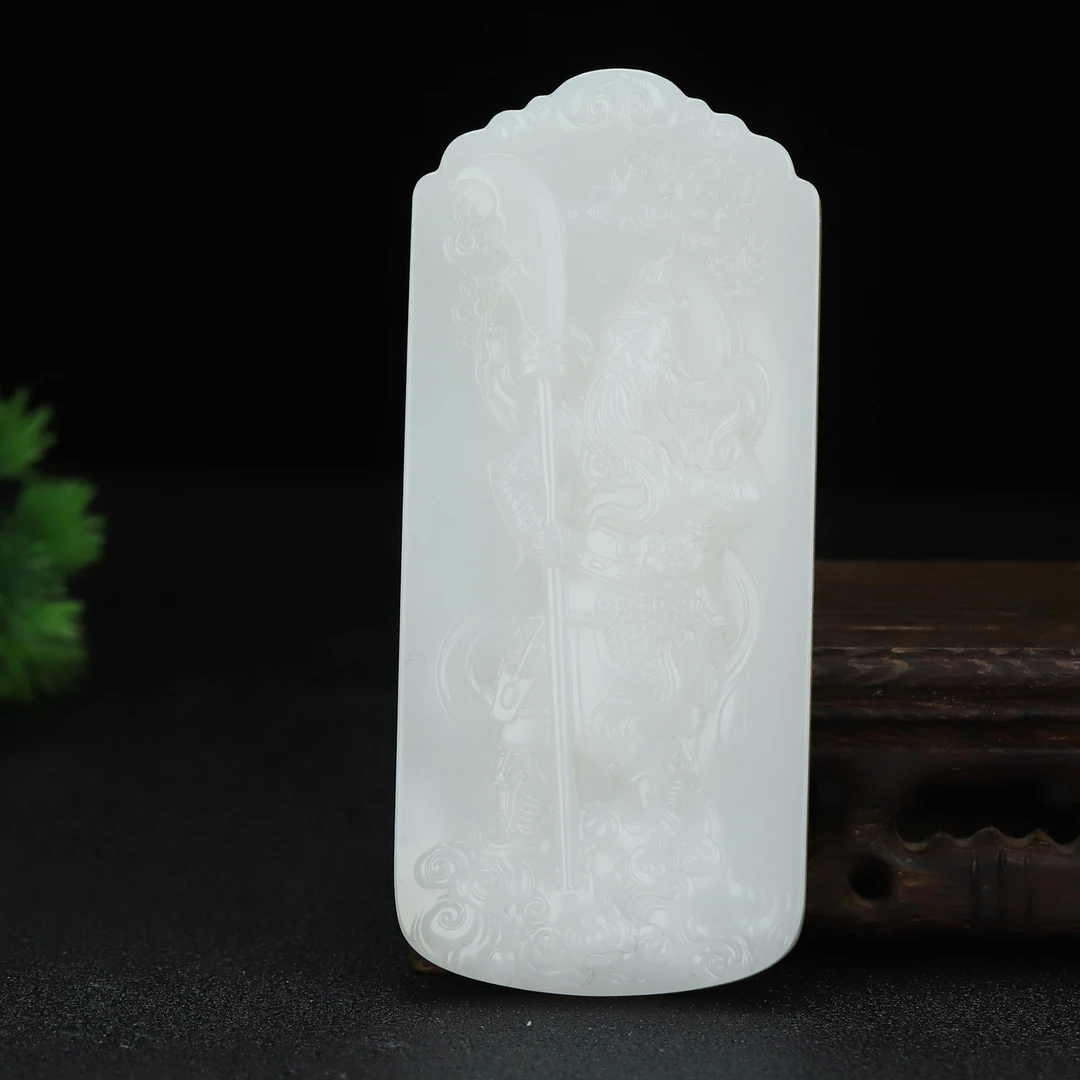 和田玉野牛沟纯白关公手把牌大师手工精雕男女士高端收藏挂手把件