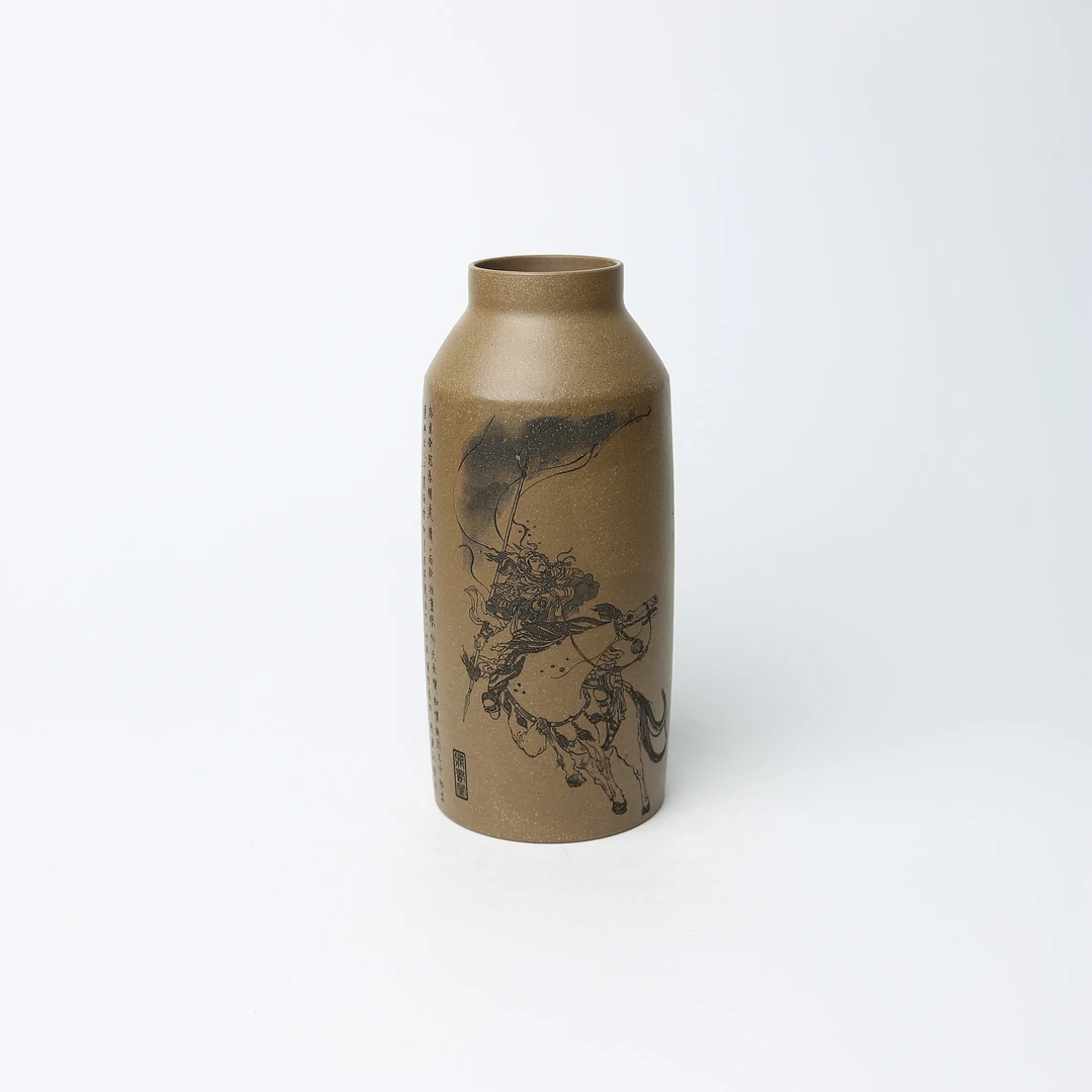 直015 岳飞 420cc  双层蟹壳青 宜兴精品紫砂刻绘净水杯 原矿紫砂