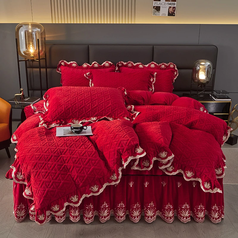 法式绒床裙夹棉加厚冬季保暖牛奶绒床罩四件套欧式蕾丝防滑床品