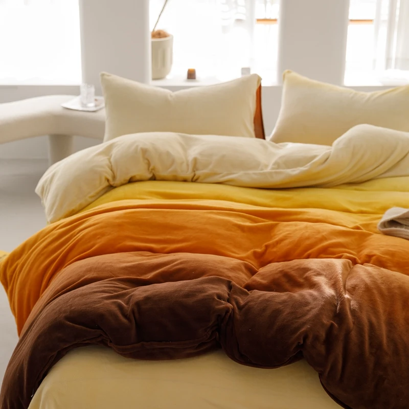 高级感渐变牛奶绒床上三件套四件套冬季加厚珊瑚绒床单被套晚霞柔