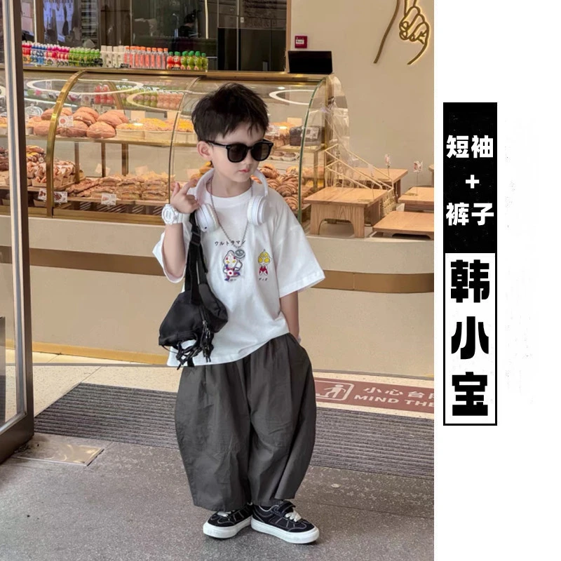 男童套装夏季新款帅气发光卡通亮灯短袖T恤儿童韩系休闲哈伦裤子