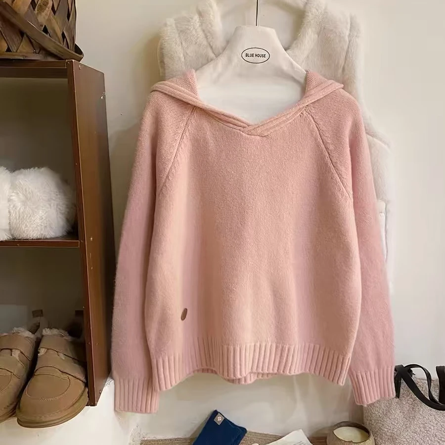 韩风皮标糖果色加厚连帽套头毛衣女秋冬温暖外穿宽松休闲针织上衣