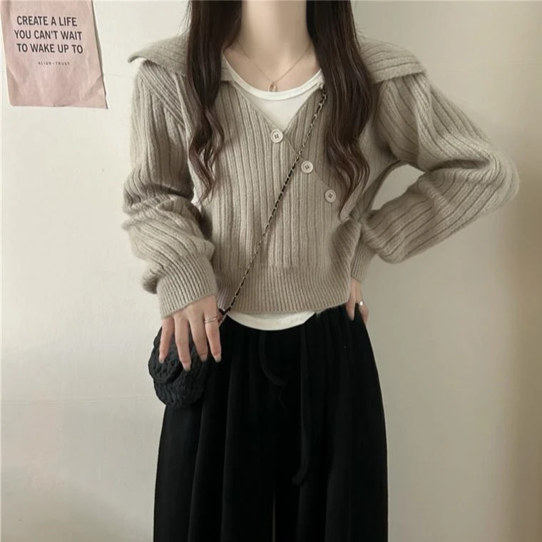 XU7381【真两件套】设计感不规则长袖针织毛衣女2024新款短款上衣