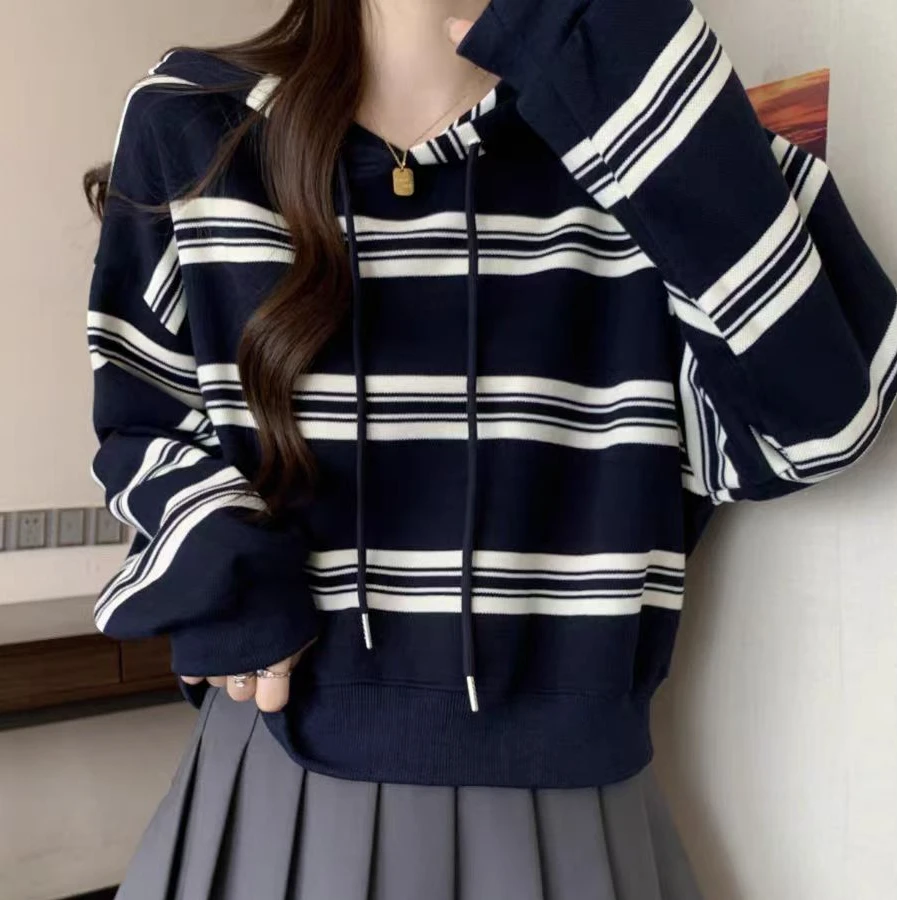 7357韩系小众设计感条纹卫衣女秋宽松休闲小个子时尚百搭下摆上衣