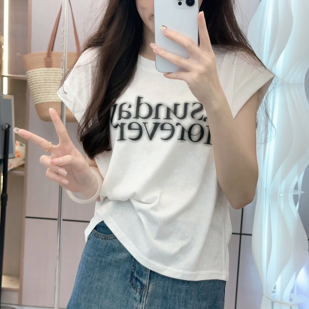 7258夏季新款圆领印花短袖T恤女2024后背镂空薄款韩版上衣